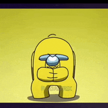 a yellow among us character is making a heart with his hands .