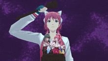 a girl with pink hair is holding a microphone in front of her head