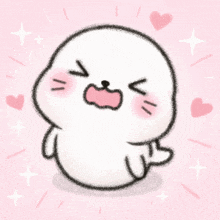 a drawing of a seal with its mouth open and hearts around it