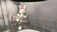 a robot wearing a santa hat is in a room with the words " gateway slam " written on the wall