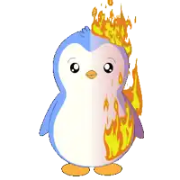 a cartoon of a penguin with flames coming out of it 's head