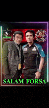 two men are posing for a picture with the name salam forsa written on the bottom