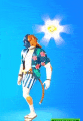 a cartoon character is standing in front of a blue sky with a sun behind him