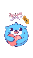 a cartoon character holding a heart with the words thank you written above it