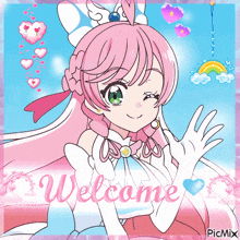 a picture of a girl with pink hair and the word welcome