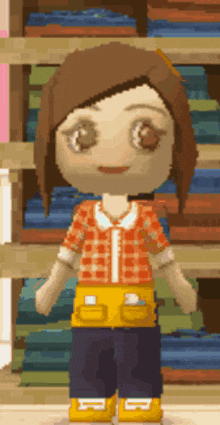 a pixel art drawing of a girl in a plaid shirt and yellow shorts