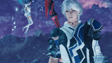 a video game character holding a sword with the letter k on it