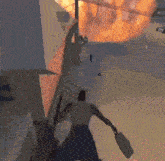 a man is holding a bag in front of a building that is on fire