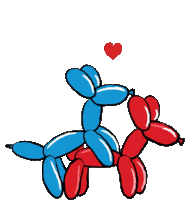 a blue and red balloon dog with a red heart behind them