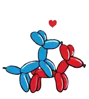 a blue and red balloon dog with a red heart behind them