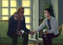 two men are sitting on a couch holding hands and holding wine glasses