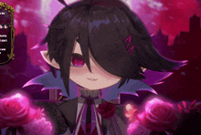 a cartoon character with black hair and purple ears is surrounded by roses