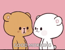 a couple of teddy bears standing next to each other with the words " good morning " on the bottom