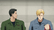 two men in military uniforms are standing next to each other and one has a name tag that says ' a. '