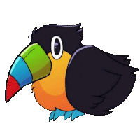 a cartoon drawing of a toucan with a colorful beak and the number 0 on its face