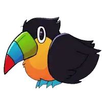 a cartoon drawing of a toucan with a colorful beak and the number 0 on its face
