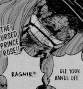 a black and white drawing of a monster with the words the cursed prince rose