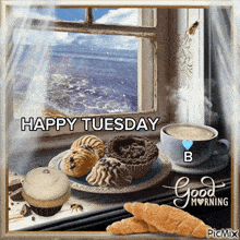 a picture of cupcakes and a cup of coffee says happy tuesday and good morning
