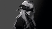 a black and white drawing of a blindfolded anime girl .