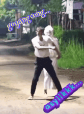 a man in a white shirt is standing next to a woman in a white dress and the caption says gogang cong