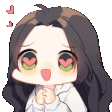a cartoon girl with long hair and heart shaped eyes is holding her hands together and smiling .