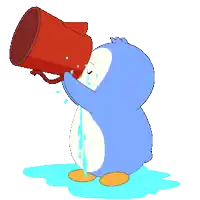 a penguin is drinking water from a red cup