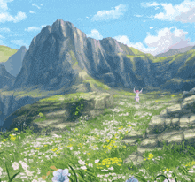 a painting of a person standing in a field of flowers