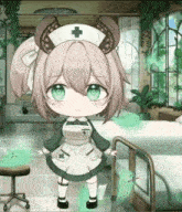 a little girl in a nurse 's outfit is standing in a hospital room next to a bed .