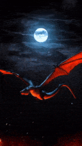 a woman stands in front of a full moon with a dragon flying in the background