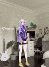 a girl in a purple outfit is standing in a room with a viggle.ai logo on the wall