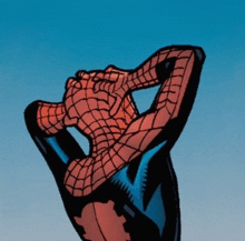 a drawing of a spider man with his hands behind his head against a blue sky