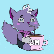 a purple cat drinking from a pink cup with the letter m on the side