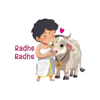a cartoon drawing of a boy hugging a cow with the words radhe radhe above him