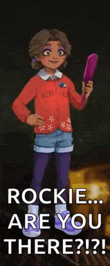 a girl in a red sweater is holding a mirror and saying rockie are you there ?