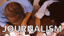 a couple of people sitting at a table with the word journalism written on the bottom