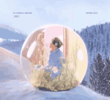 a person is sitting inside of a snow globe surrounded by snow and grass .