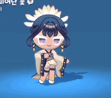 a cartoon character is standing on a blue surface with a flower on her head .