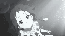 a black and white drawing of a girl in a striped dress looking up at the sky .