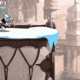 a video game shows a knight on a balcony with the number p1 on the bottom
