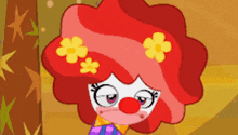 a clown with red hair and yellow flowers on her head