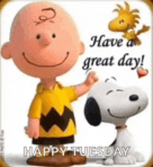 charlie brown and snoopy are standing next to each other on a card that says have a great day !