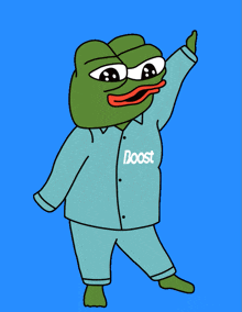 a green frog wearing a blue shirt that says boost