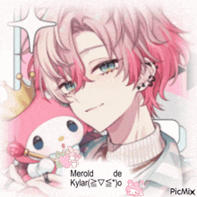 a boy with pink hair is holding a stuffed animal with the name merold de kylar written on it