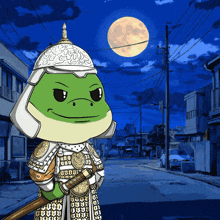 a frog wearing armor and holding a sword stands on a street with a full moon in the background
