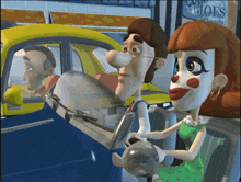 a couple of cartoon characters are sitting in a car in front of a sign that says joe 's cleaners