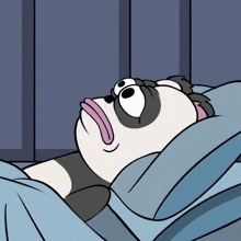 a cartoon panda bear is laying in bed with a blue blanket