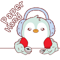 a penguin wearing ear muffs is holding a piece of paper with the words " paper hand " below it