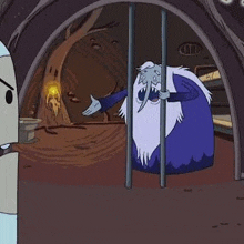ice king from adventure time is behind bars in a cave holding a sword .