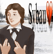a drawing of a man in a suit and tie with sybau written on the bottom