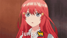a girl with red hair has the word junes on her face